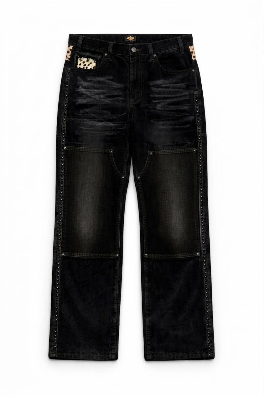 BLACK CORDUROY DALMATION FUR DOUBLE KNEE PANTS.