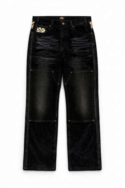 BLACK CORDUROY DALMATION FUR DOUBLE KNEE PANTS.